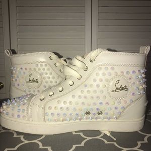 White Red bottom sneakers 👟 with rhinestones.